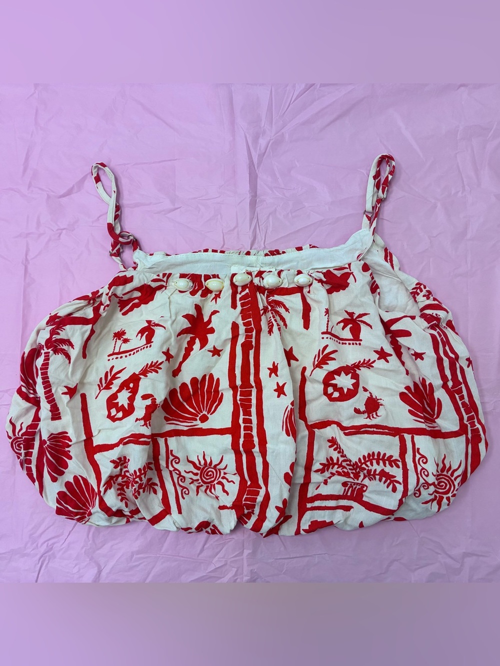 Peach Women’s Floral Red White Tank Top Crop Shells Beach Nautical Cottage Sz S